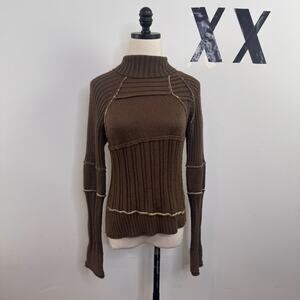 Y2K Yuka Brown Ribbed Multi Textured Turtleneck Sweater Indie Grunge Euro 10-12
